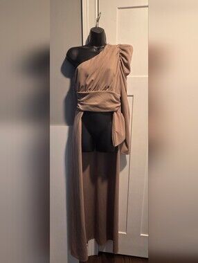 One-Shoulder Taupe Shirt with Draped Waist